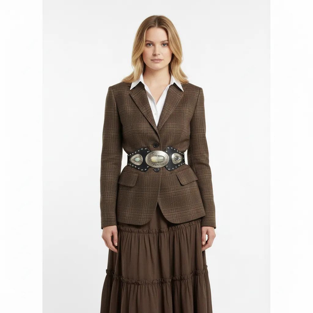 Cinturón negro con hebillas de latón dorado y detalles en hueso – Artesanal