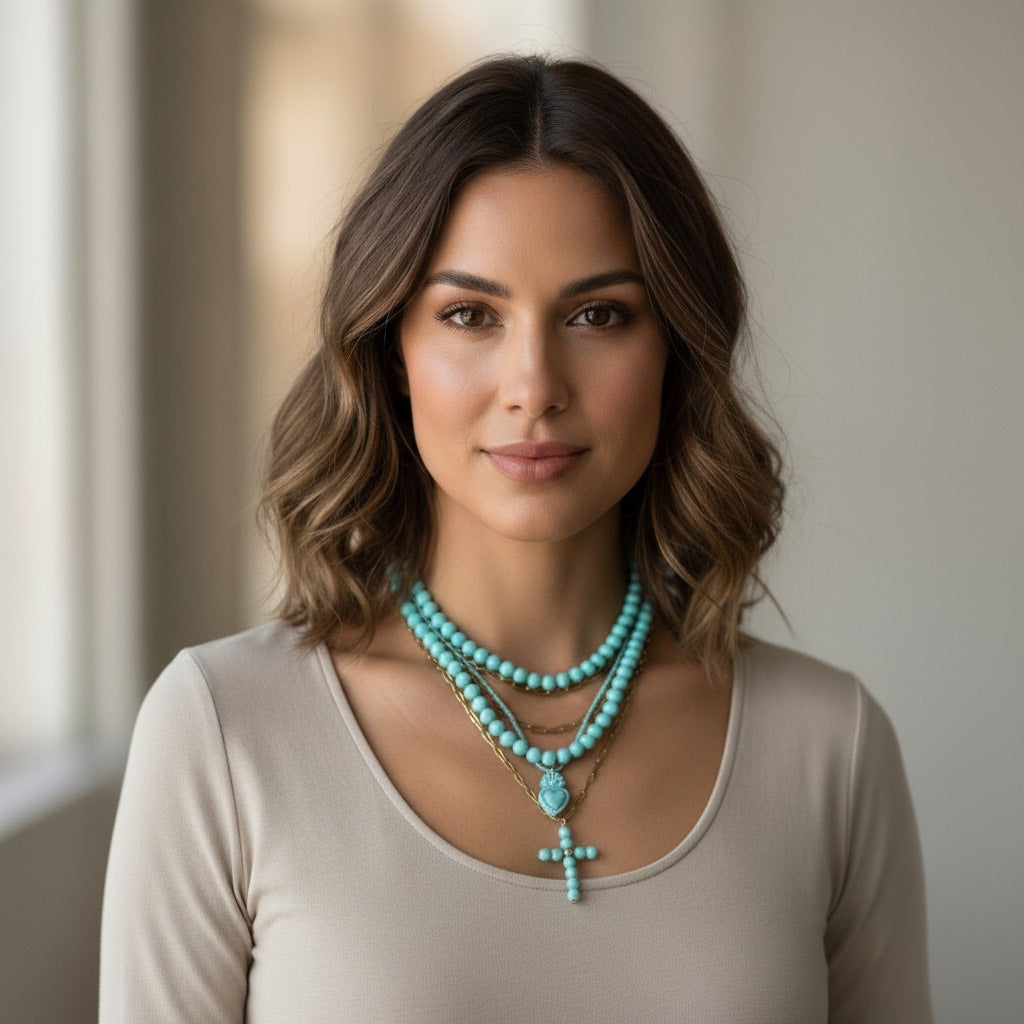 Collar de cuentas redondas 10 mm color turquesa – elegante y ligero