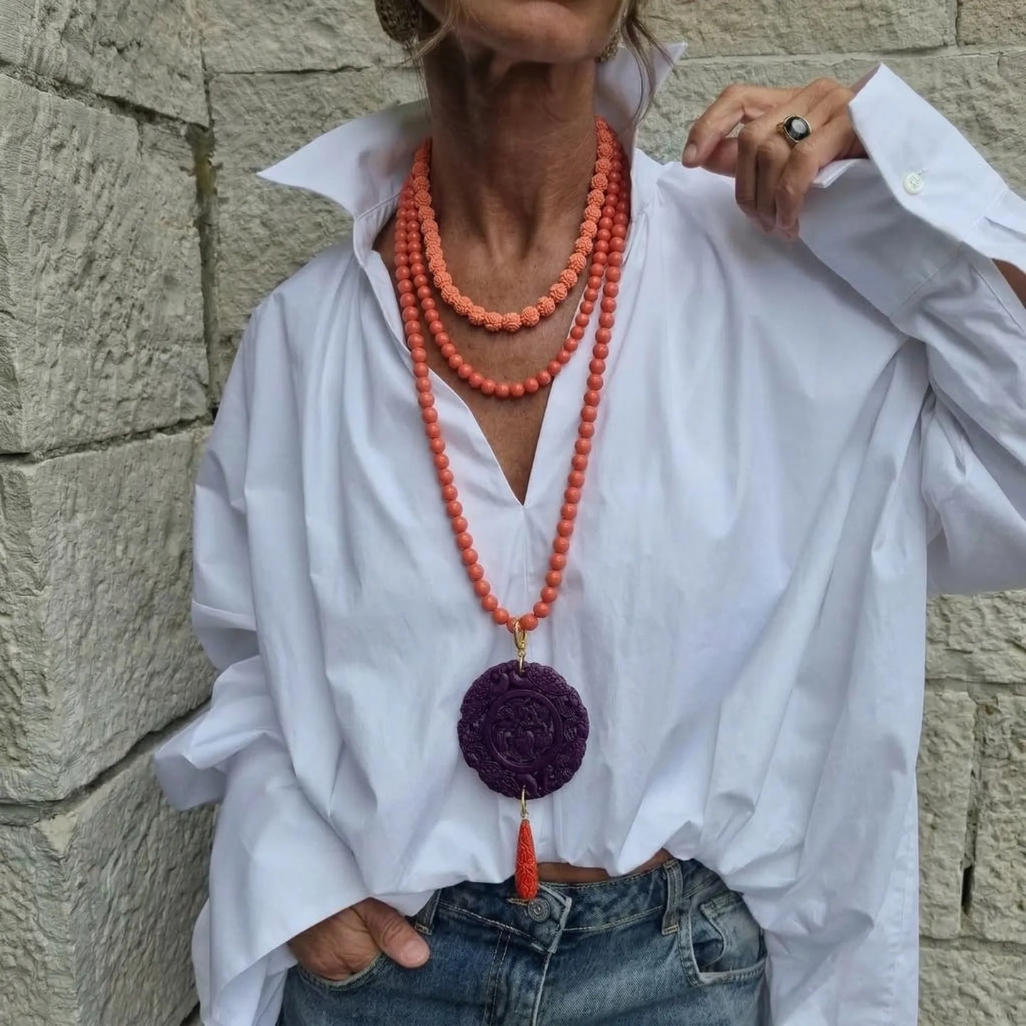 Collar Largo de Cuentas Color Coral | Collar Ópera Versátil de Doble Vuelta