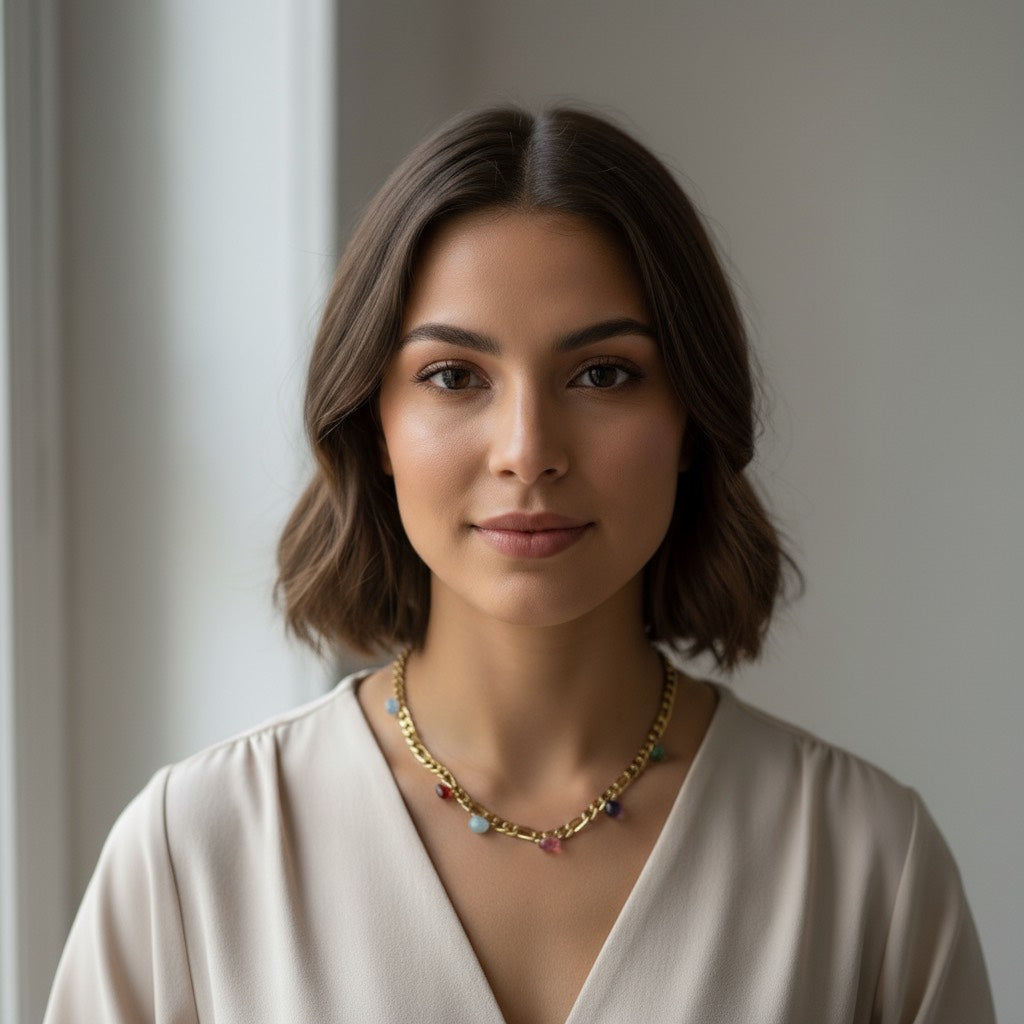 Cadena estilo Cartier dorada con piedras de color – joya elegante y moderna