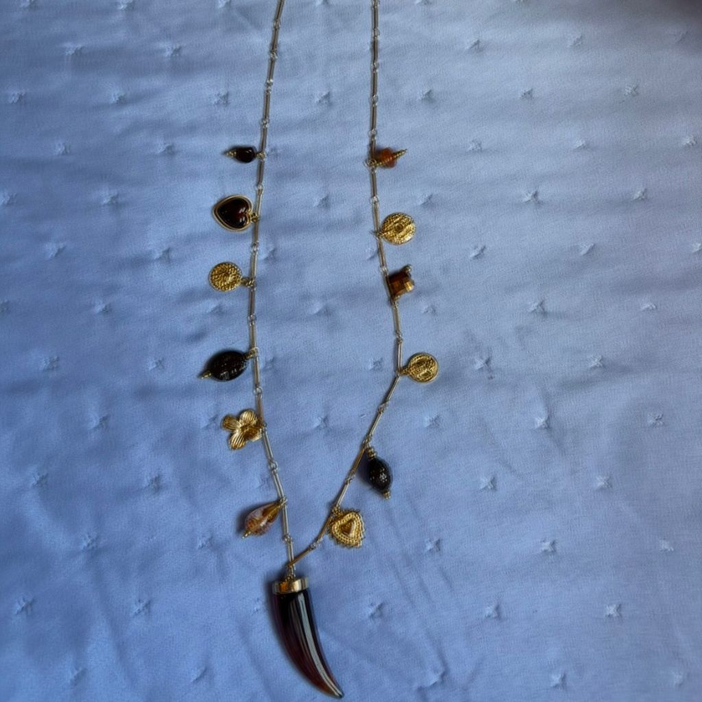 Collar dorado con colgante de cuerno marrón y charms naturales — Estilo boho chic