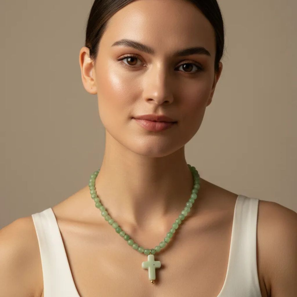 Collar con cuentas de cristal y cruz de cerámica – Diseño Verde Agua by Keka”