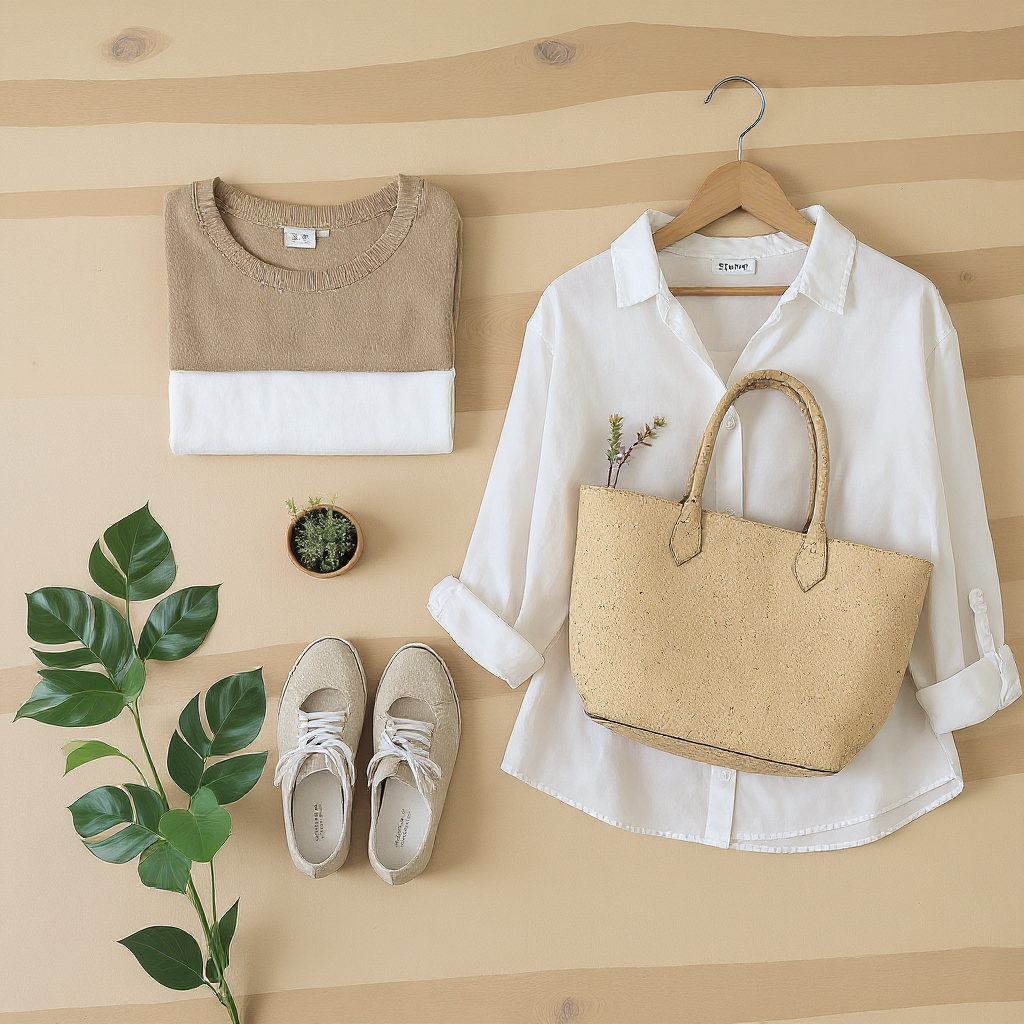 Ropa y accesorios de marcas sostenibles españolas sobre fondo natural.