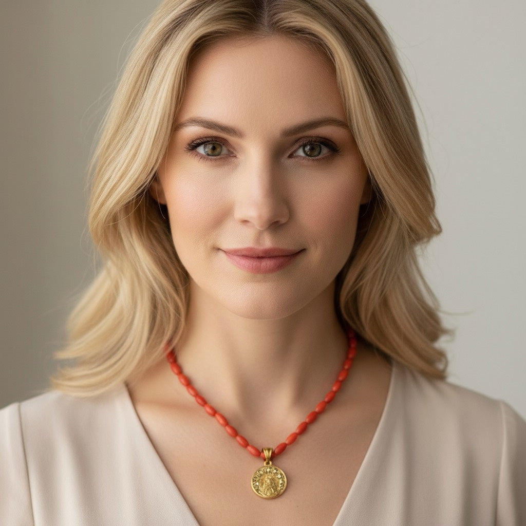 “Detalle de medalla de la Virgen del Rocío y cuentas de coral natural”