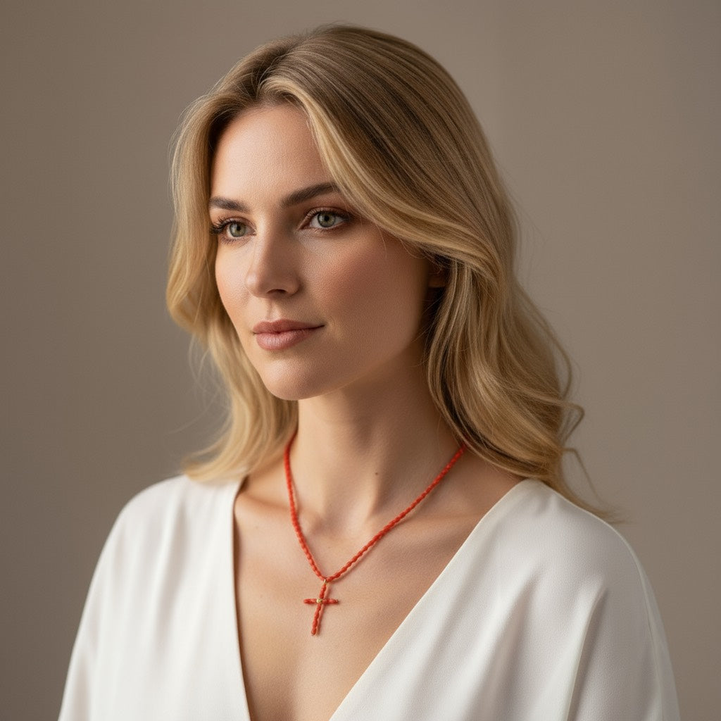 “Detalle de cuentas ovaladas de coral rojo pulidas”