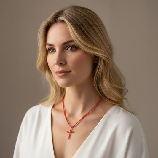 “Detalle de cuentas ovaladas de coral rojo pulidas”