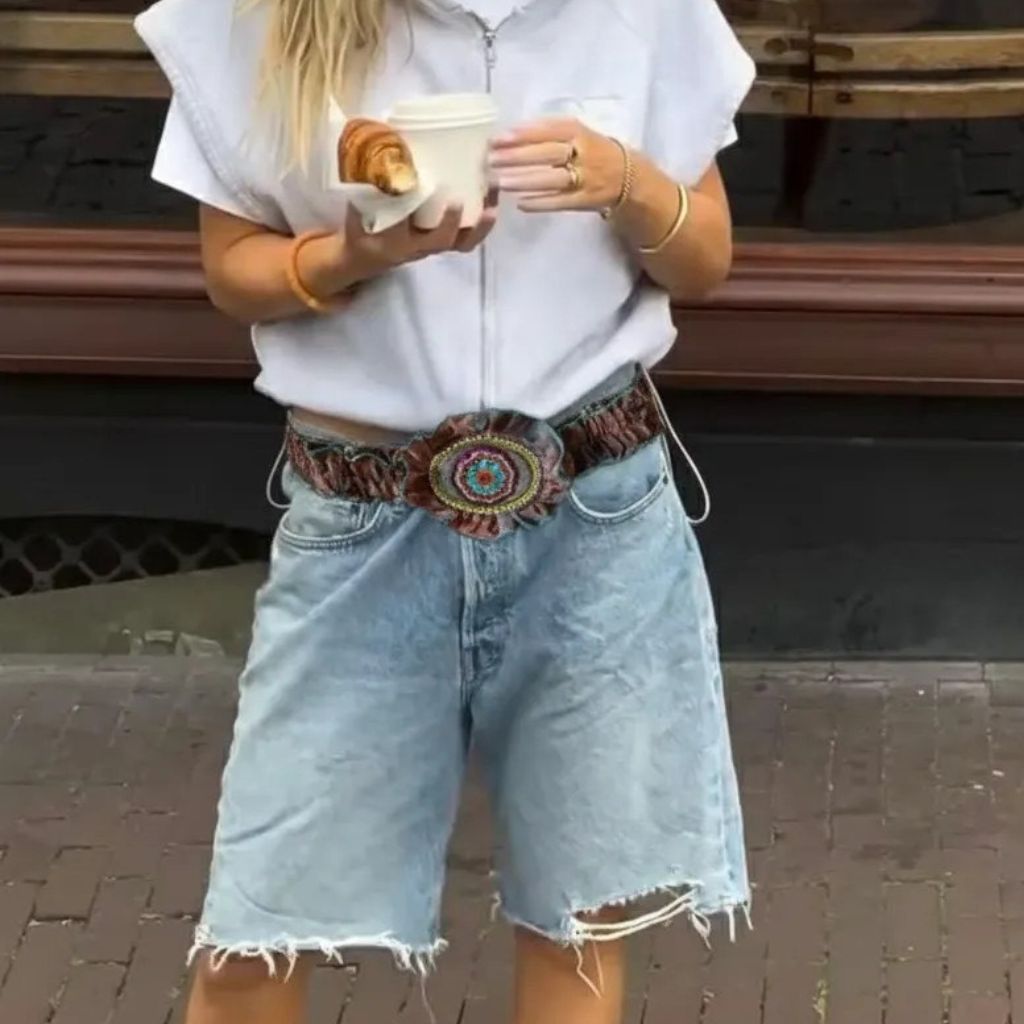 Cinturón tipo étnico con tejido estampado y bordado con abalorios