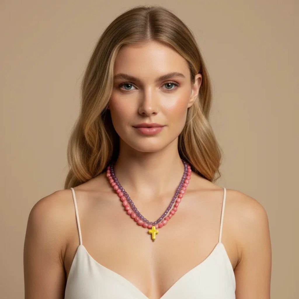 Collar con cuentas de cristal y cruz de cerámica –  Diseño Malva & Amarillo by Keka”