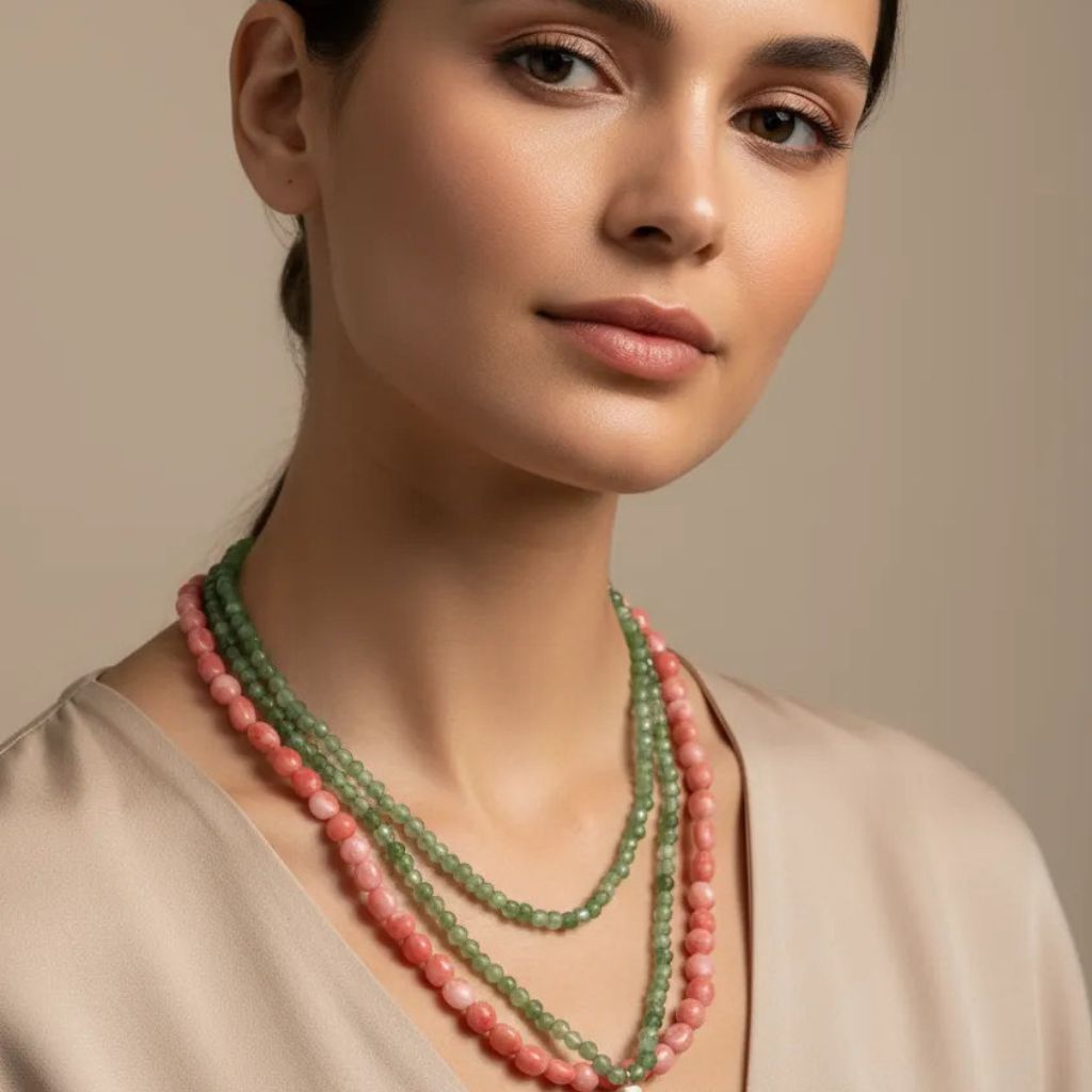 Collar de cuentas de coral rosa destonificado. Diseño romántico y chic