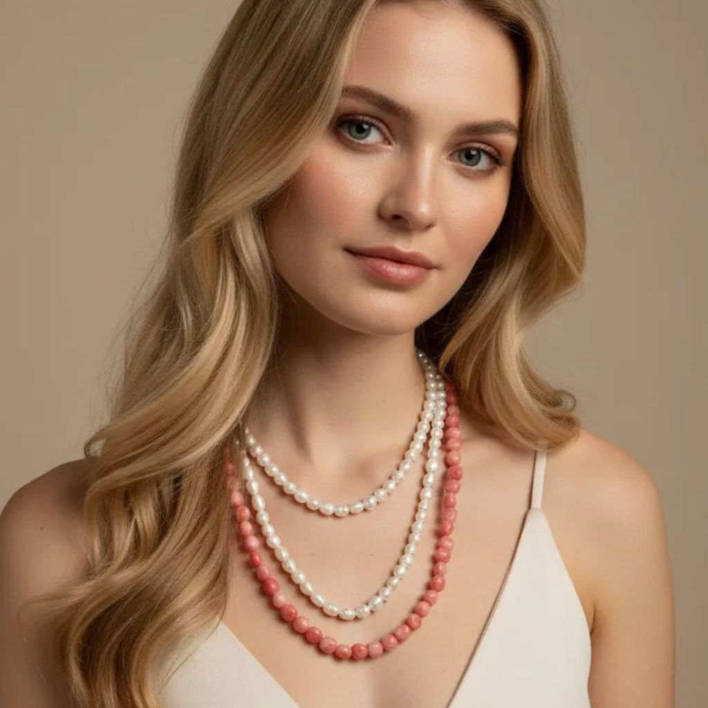 Collar de cuentas de coral rosa destonificado. Diseño romántico y chic