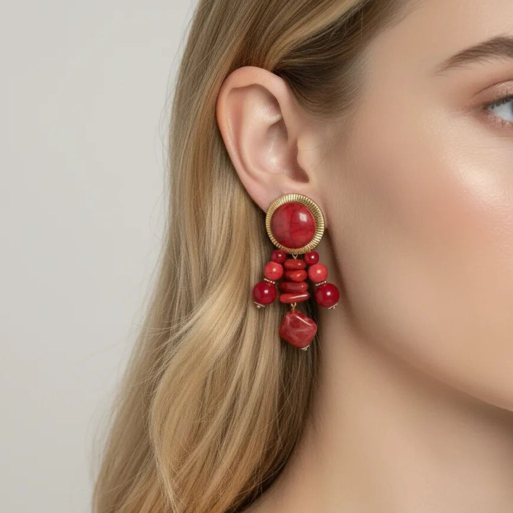 Pendientes Chandelier de Cabujón y Cuentas Rojo Coral  by Keka Durán