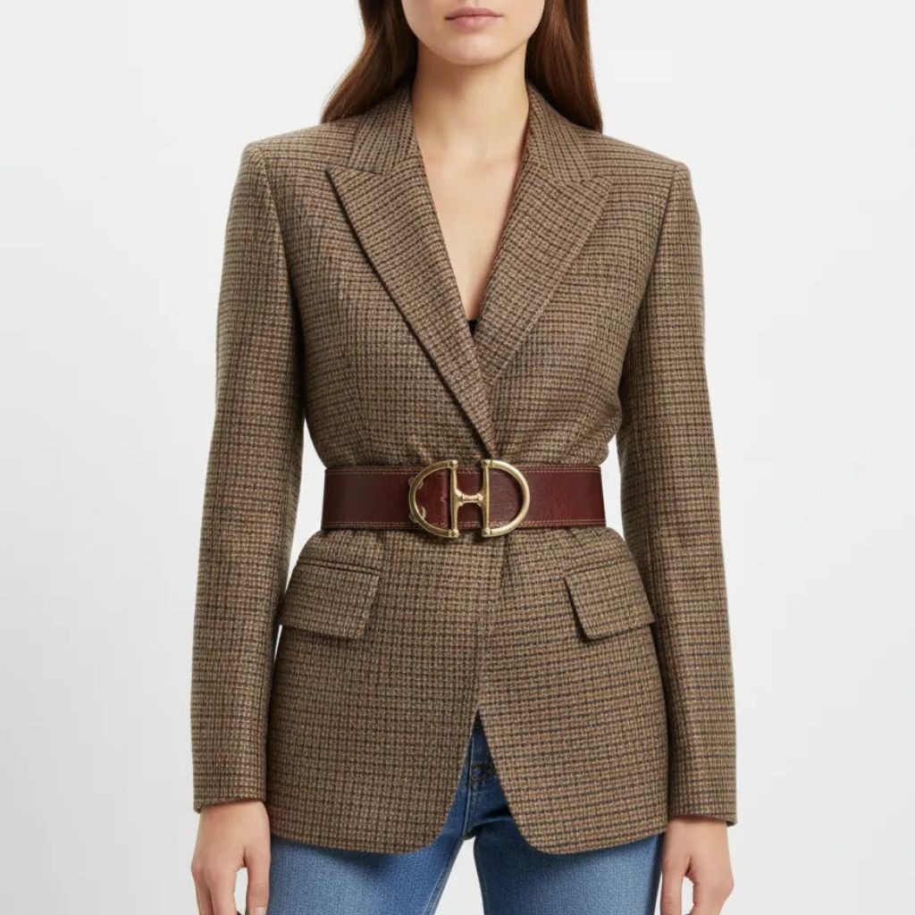 Cinturón de Piel Marrón con Hebilla Dorada en Forma de Bocado