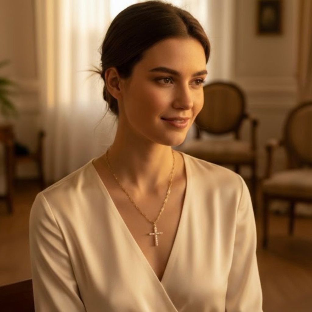 Collar cadena dorada con cruz de perlas – joya clásica y simbólica