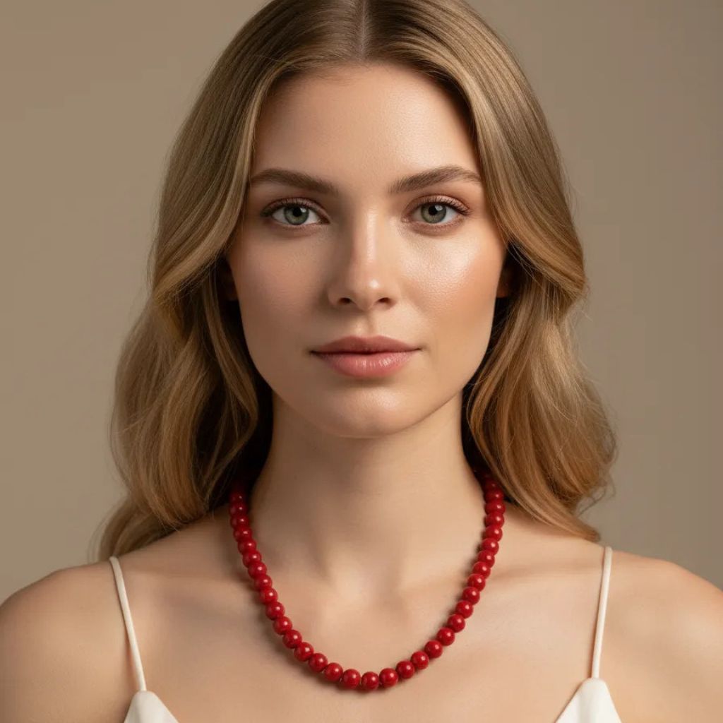 Collar bolas medianas rojo nacarado. Elegante y versátil.