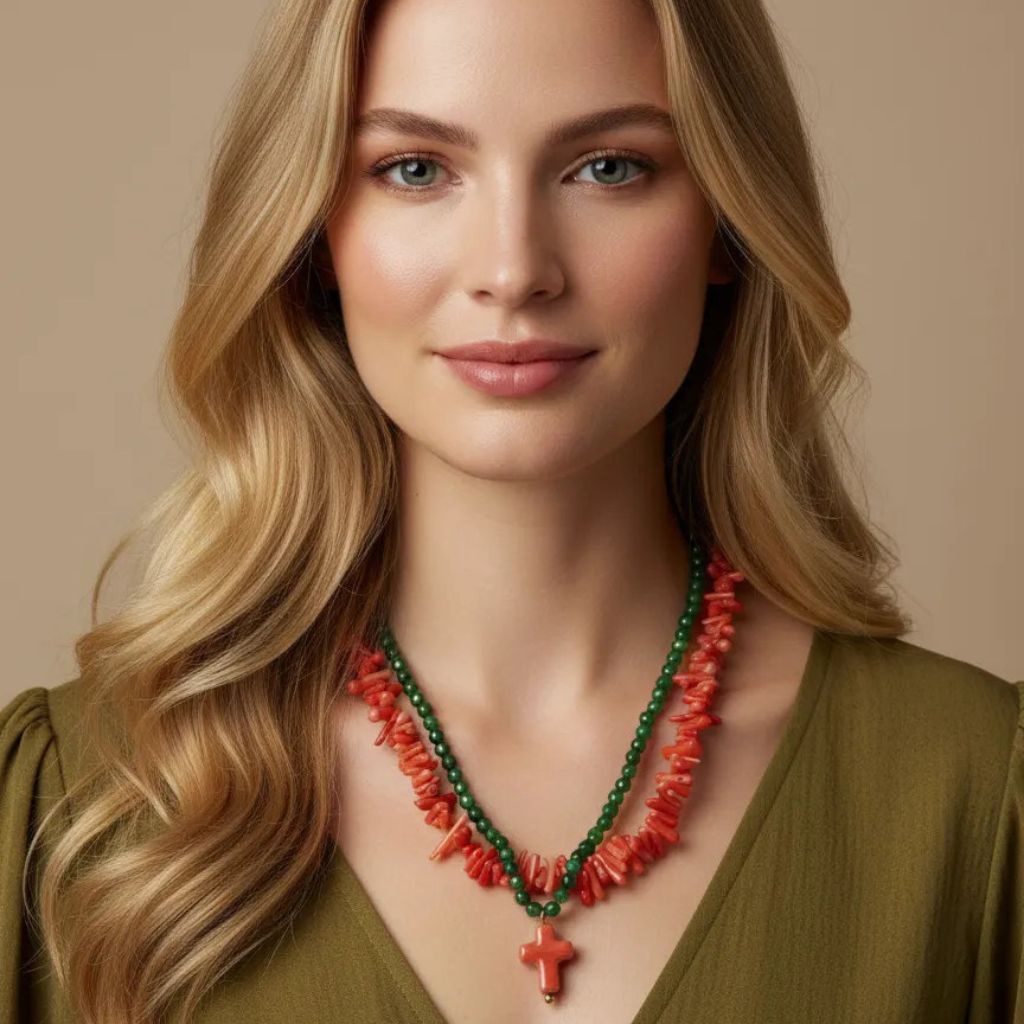 Collar con cuentas de cristal y cruz de cerámica –  Diseño Verde & Naranja by Keka”