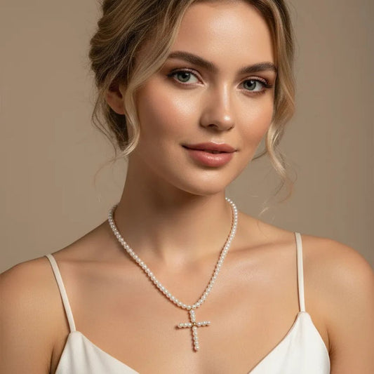 Collar con colgante cruz de perlas de 3mm– elegante y simbólico