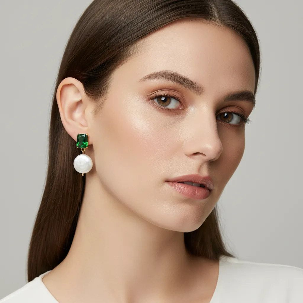 Pendientes con piedra de Esmeralda o Amatista sintética y Concha Blanca