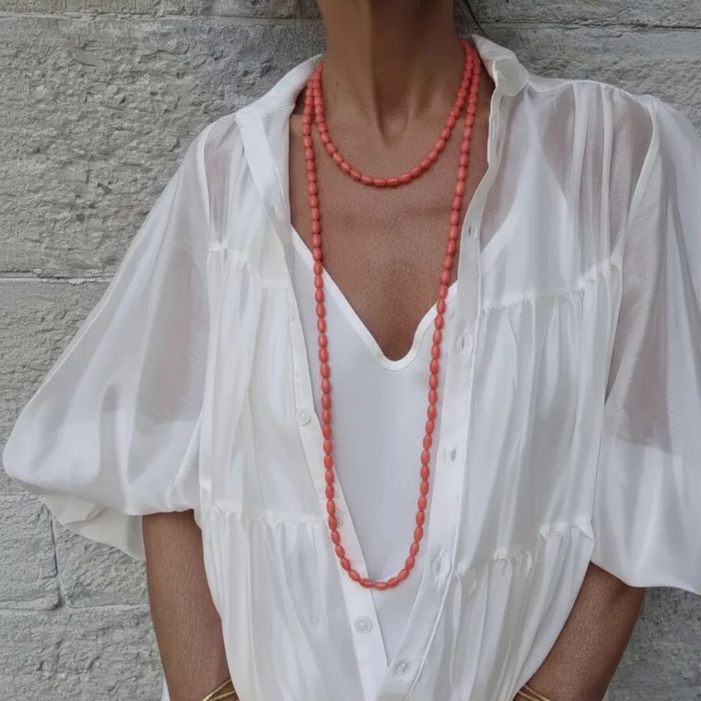 Collar Largo de Cuentas Color Coral | Collar Ópera Versátil de Doble Vuelta