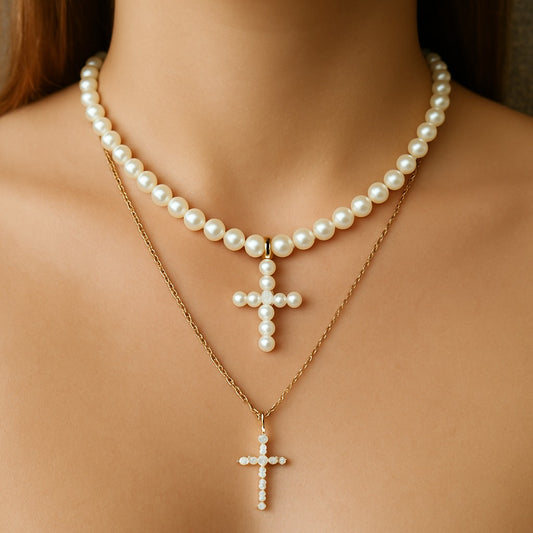 Collar de perlas de 6 mm con colgante cruz perla blanca