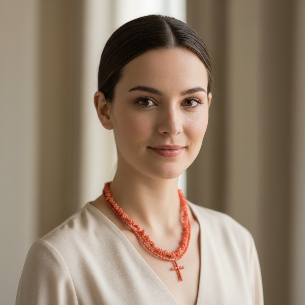 “Detalle de cruz de coral rosa natural, combinada con collar de coral irregular rosa”