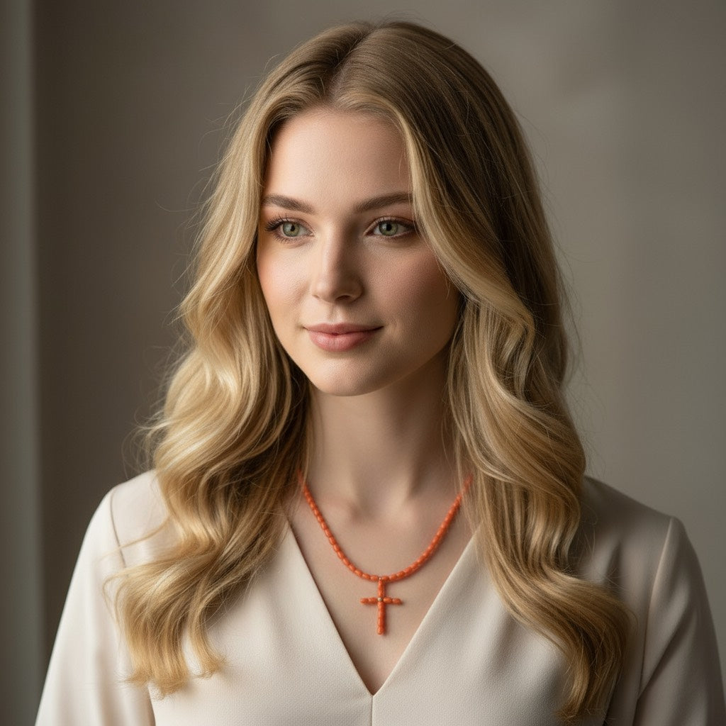 “Detalle de cruz de coral rosa natural”