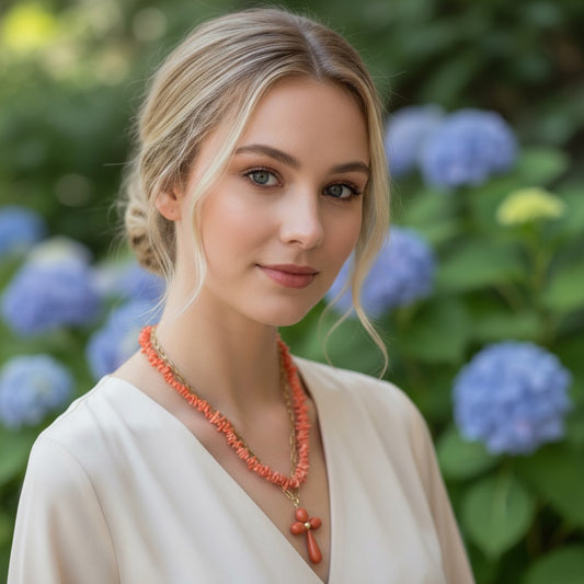 “Detalle de cuentas de coral rosa natural”