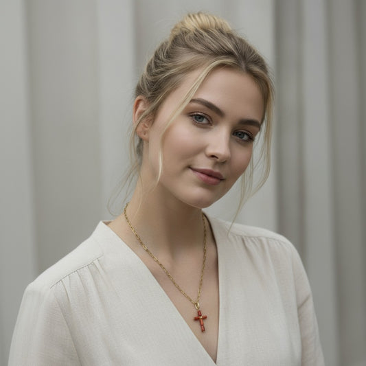 “Detalle de cruz en coral oscuro natural”