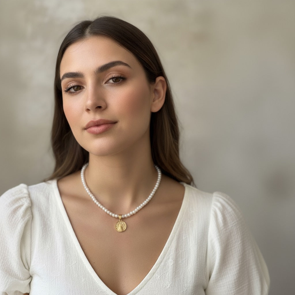 Gargantilla de perlas blancas con medalla Virgen del Rocío chapada en oro