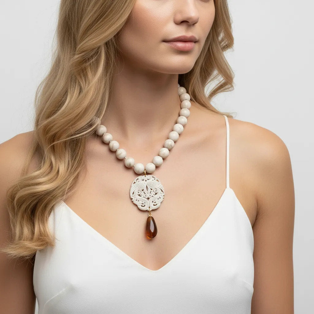 Collar marfil con Colgante Tallado y Gota Ámbar