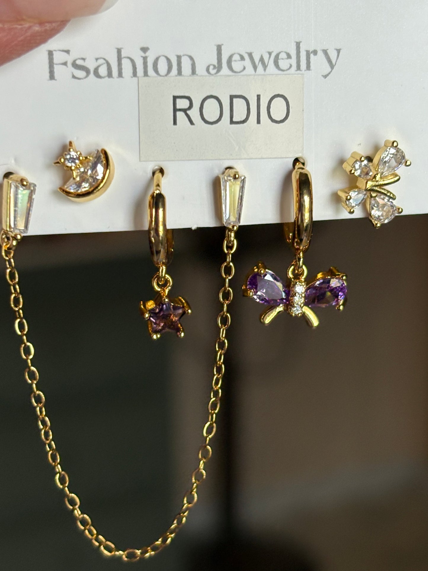 Set de Pendientes Minimalistas con Cadena y Dijes Brillantes – Rodio/Dorado (Varias Combinaciones)