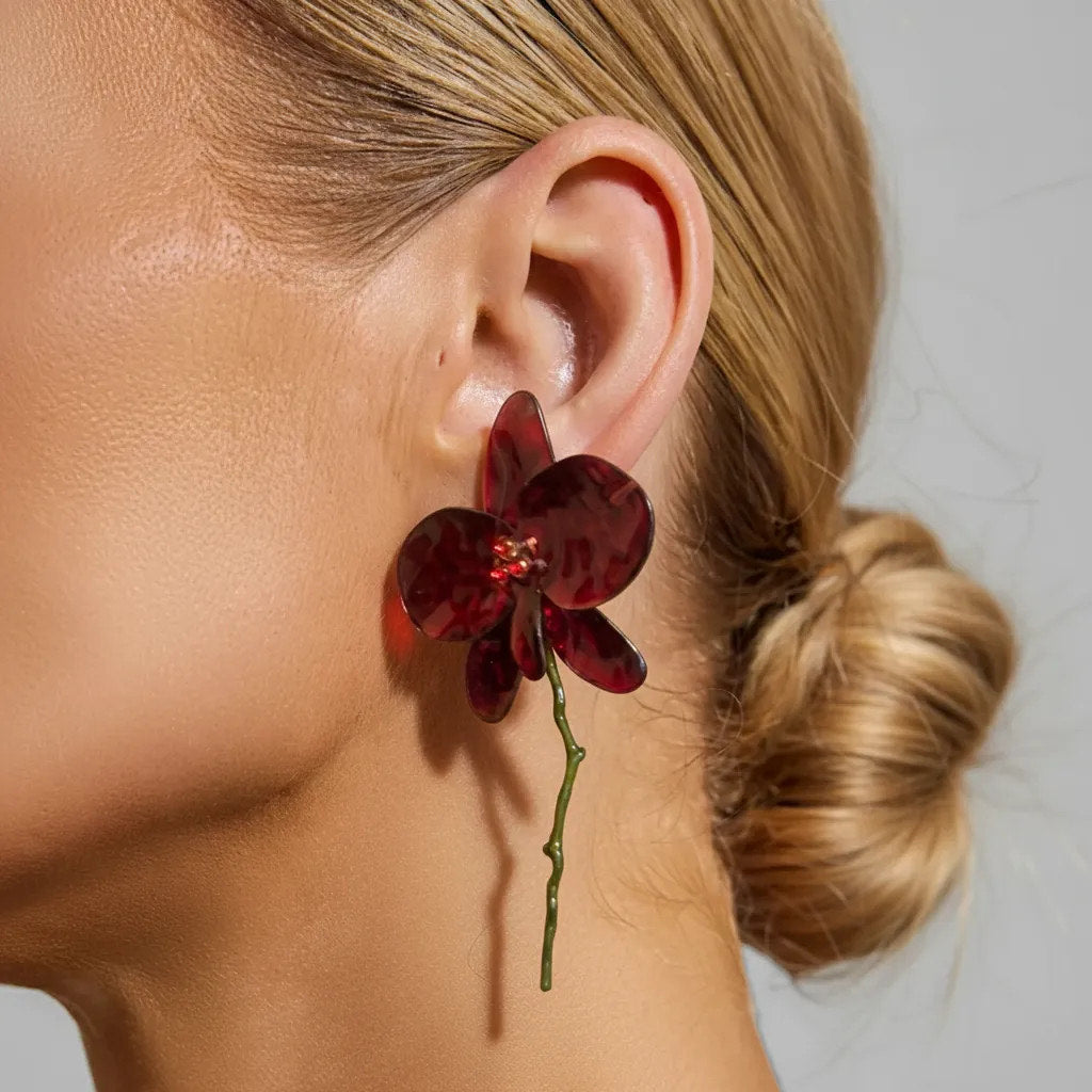Pendientes Flor Larga con Tallo 'Amapola' - Colección Flamenca Keka Durán