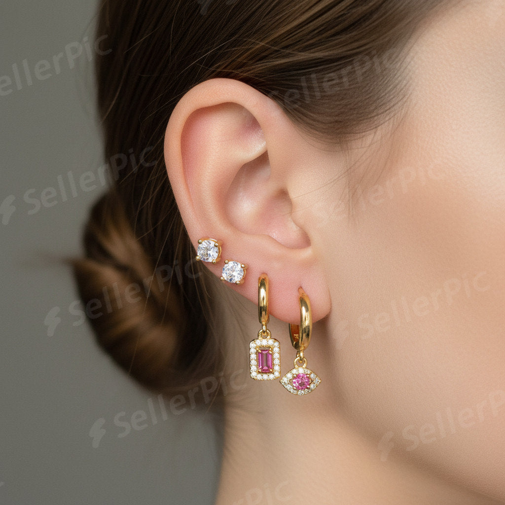 Set de Pendientes Minimalistas con Cadena y Dijes Brillantes – Rodio/Dorado (Varias Combinaciones)