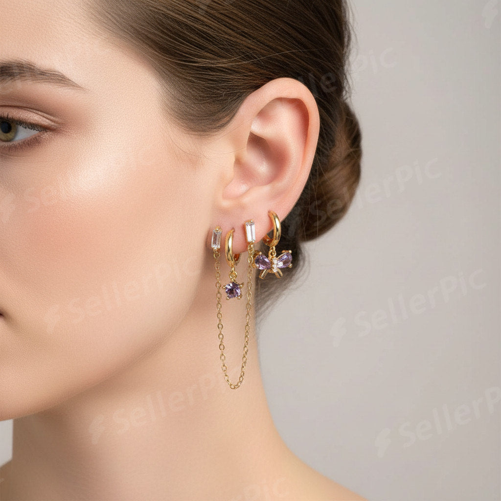 Set de Pendientes Minimalistas con Cadena y Dijes Brillantes – Rodio/Dorado (Varias Combinaciones)