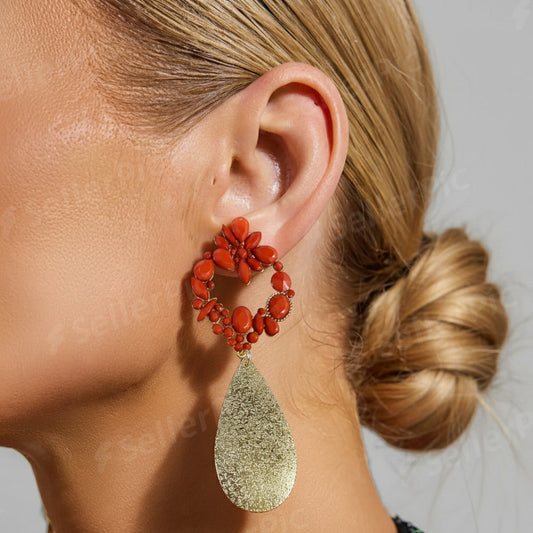 Pendientes XXL Naranja Coral y Lágrima Dorada Mate | Joyería de Flamenca