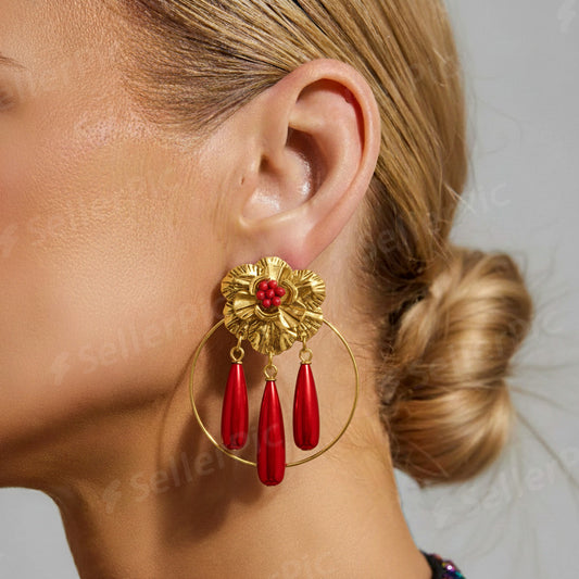 Pendientes Flor Dorada XXL con Aros y Lágrimas de Color | Moda Flamenca Walina