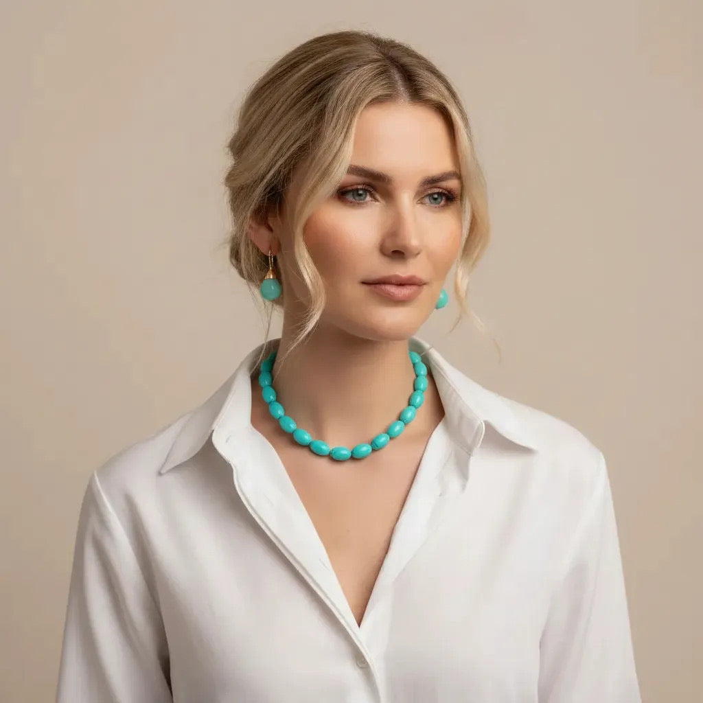 Collar de Cuentas Ovaladas en Color Turquesa - Estilo Boho Chic