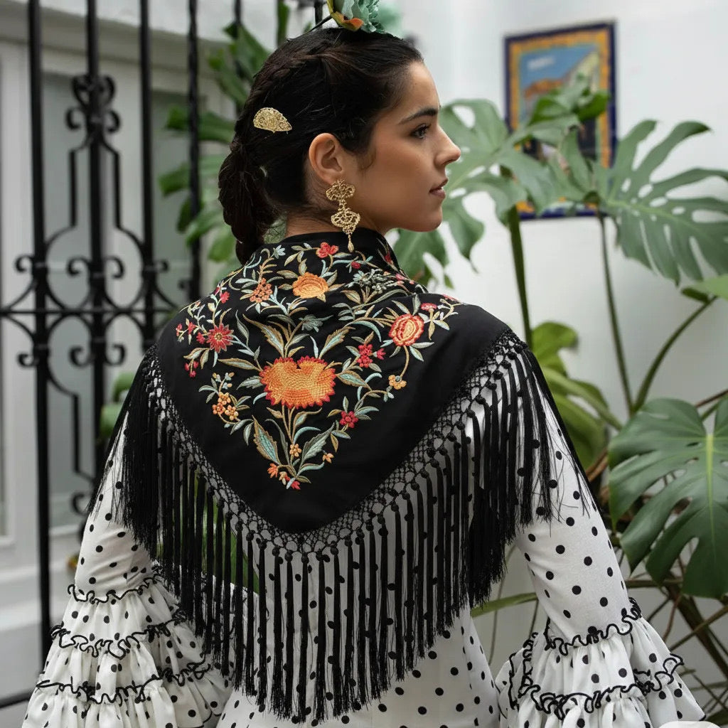 Mantoncillo de Flamenca Negro Bordado con Flecos Hechos a Mano en Cantillana
