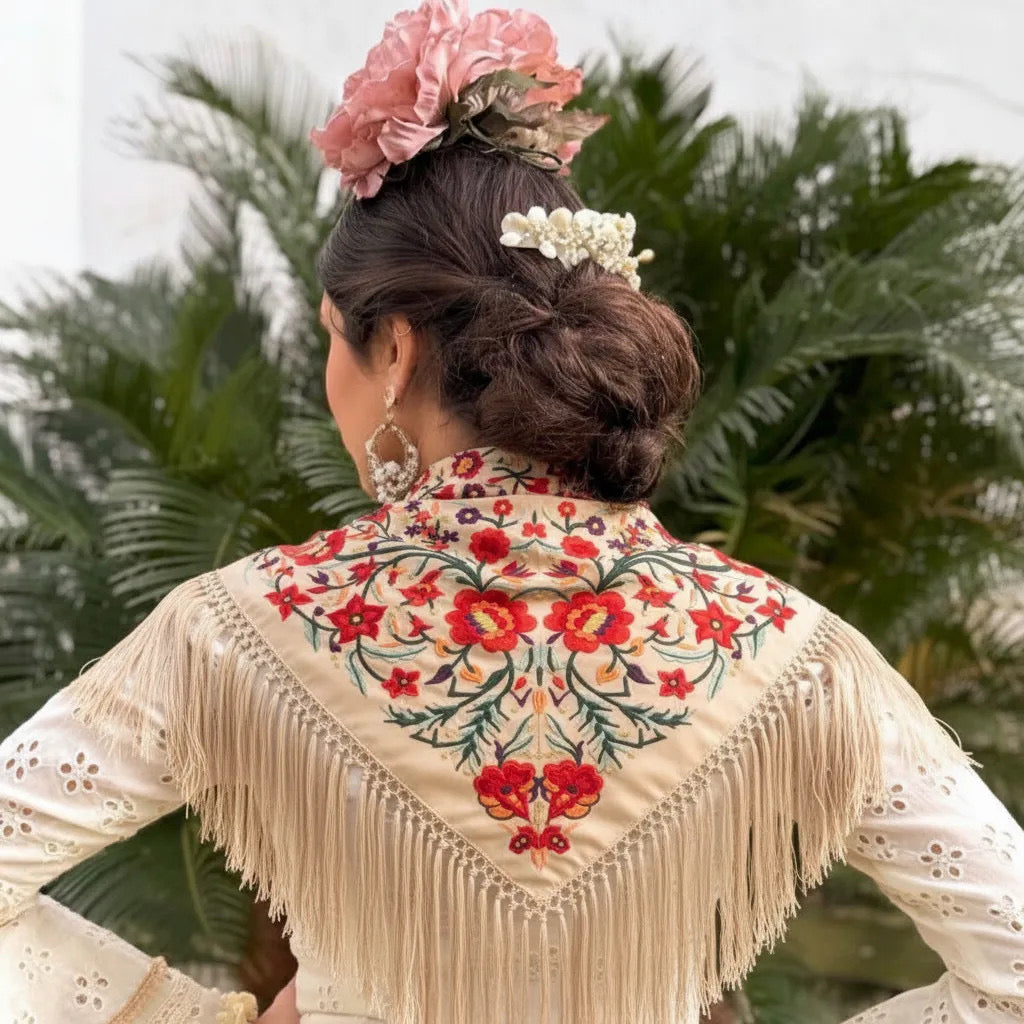 Mantoncillo de Flamenca Beige Bordado con Flecos Hechos a Mano en Cantillana