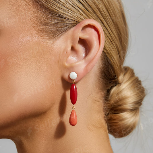 Pendientes Vintage Lineales en Tono Coral, Rojo y Blanco