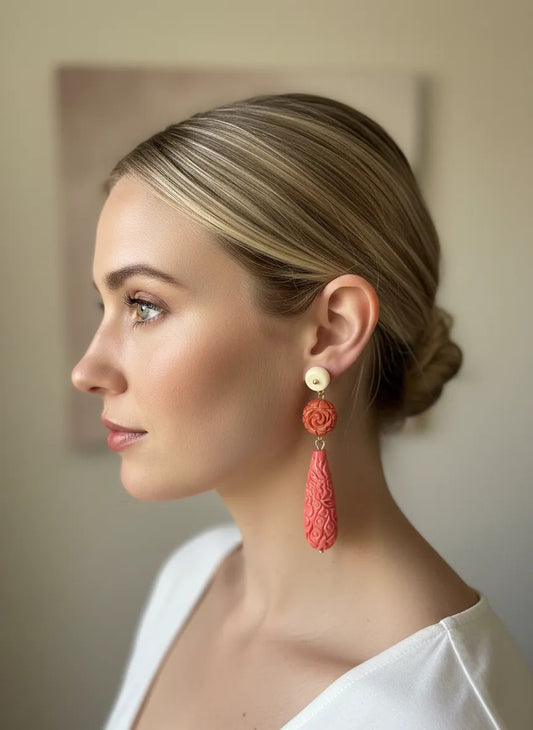Pendientes Vintage Coral Tallado y Marfil de Tres Elementos