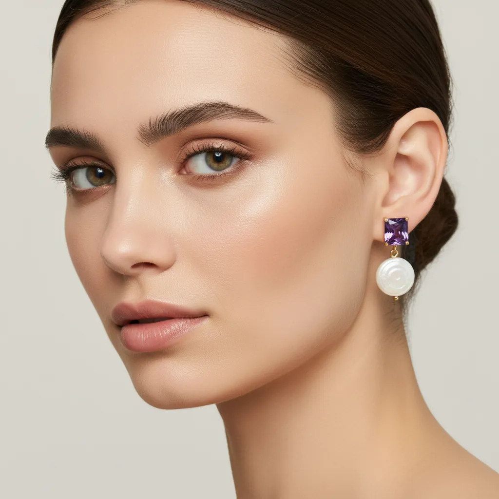 Pendientes con piedra de Esmeralda o Amatista sintética y Concha Blanca