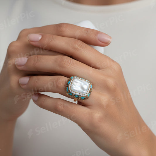Anillo XL en Plata Bañada en Oro con Perla Rectangular de Agua Dulce y Turquesas Naturales
