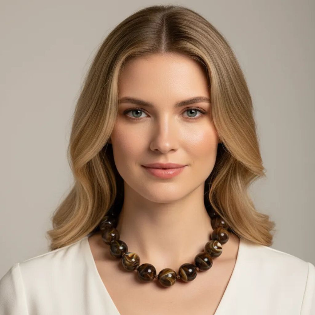 Collar de bolas marmoleado en tono marrón.