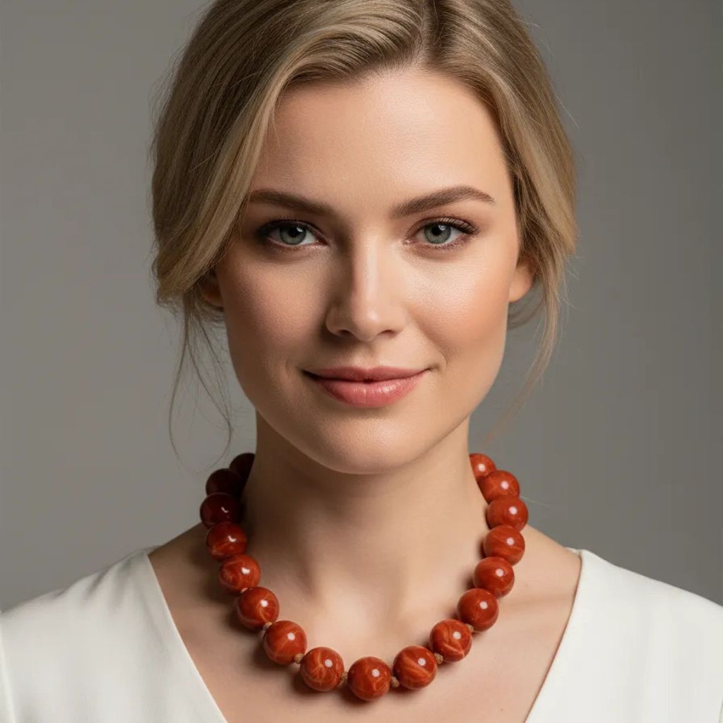 Collar de bolas marmoleadas en tono coral.