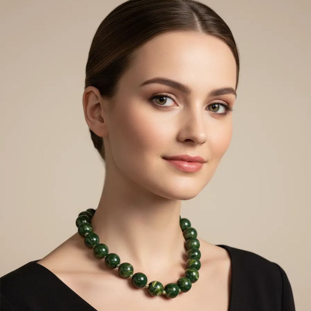 Collar de bolas marmoleadas en tono verde.
