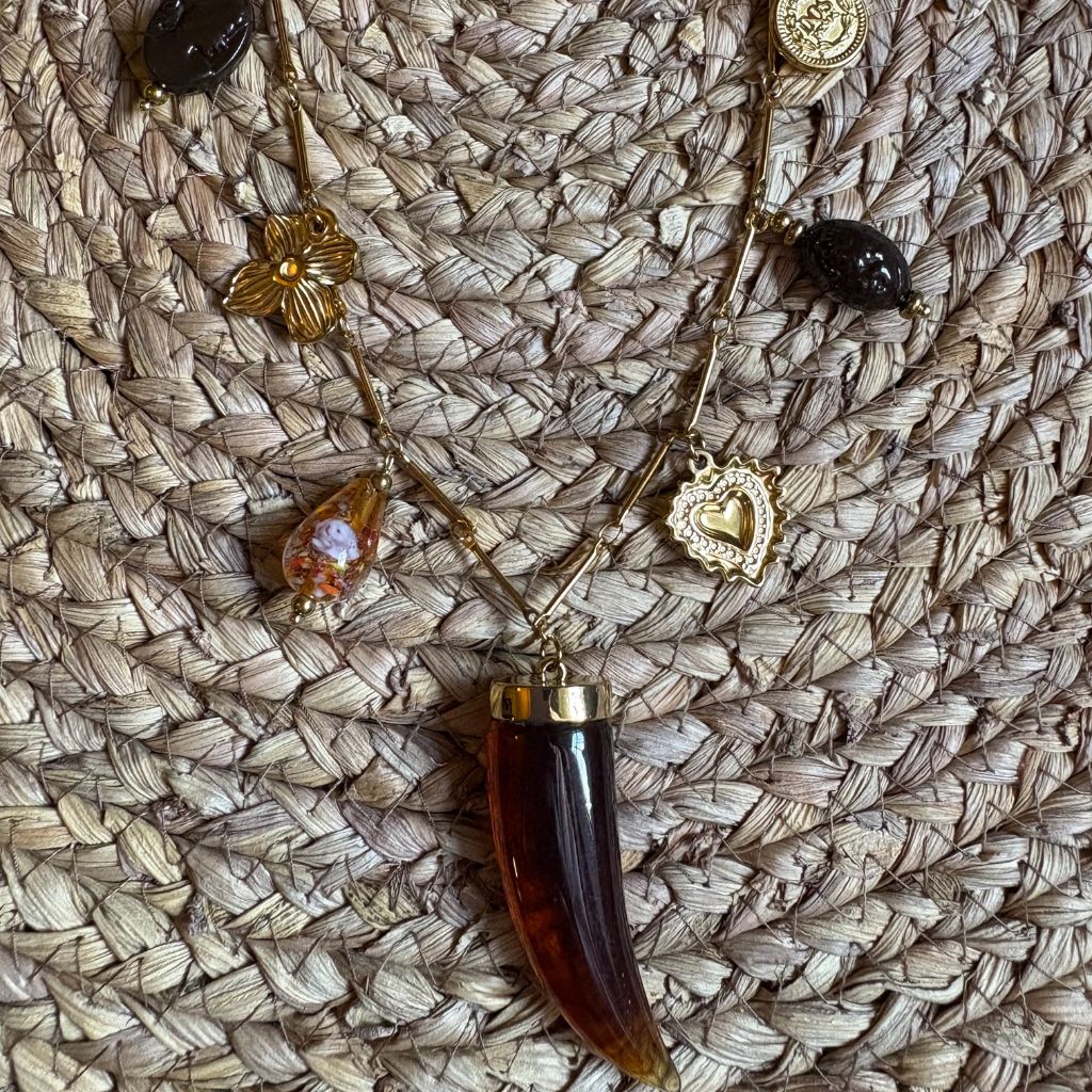 Collar dorado con colgante de cuerno marrón y charms naturales — Estilo boho chic