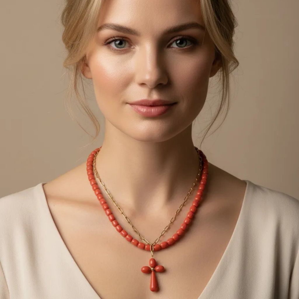 Collar coral chic – Cuentas rectangulares 7 mm – Estilo boho chic