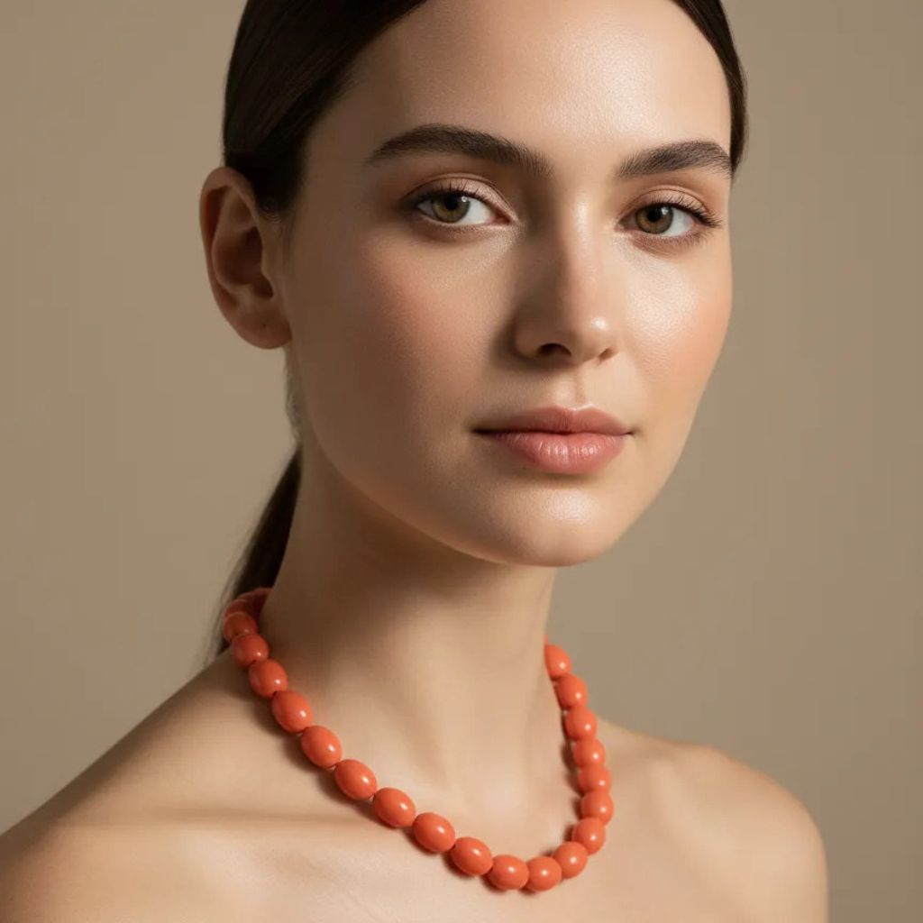 Collar color coral con cuentas ovaladas– Estilo boho chic