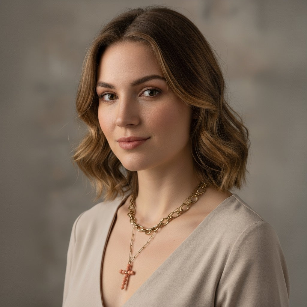 “Detalle del colgante de cruz en coral natural”