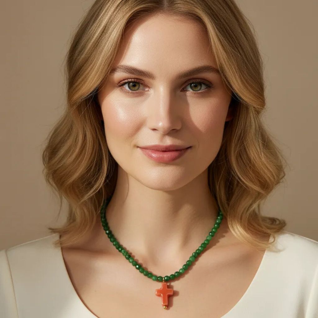 Collar con cuentas de cristal y cruz de cerámica –  Diseño Verde & Naranja by Keka”